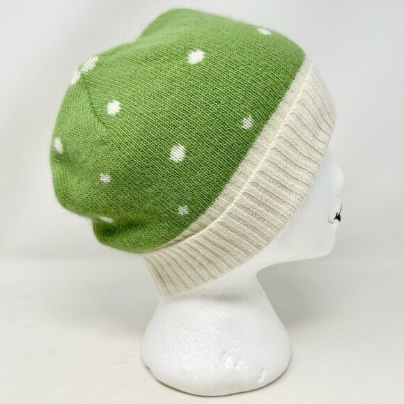 L.L. Bean Green & Ivory Polka Dot Knit Beanie Hat OSFA Angora Lambs Wool - Picture 3 of 9